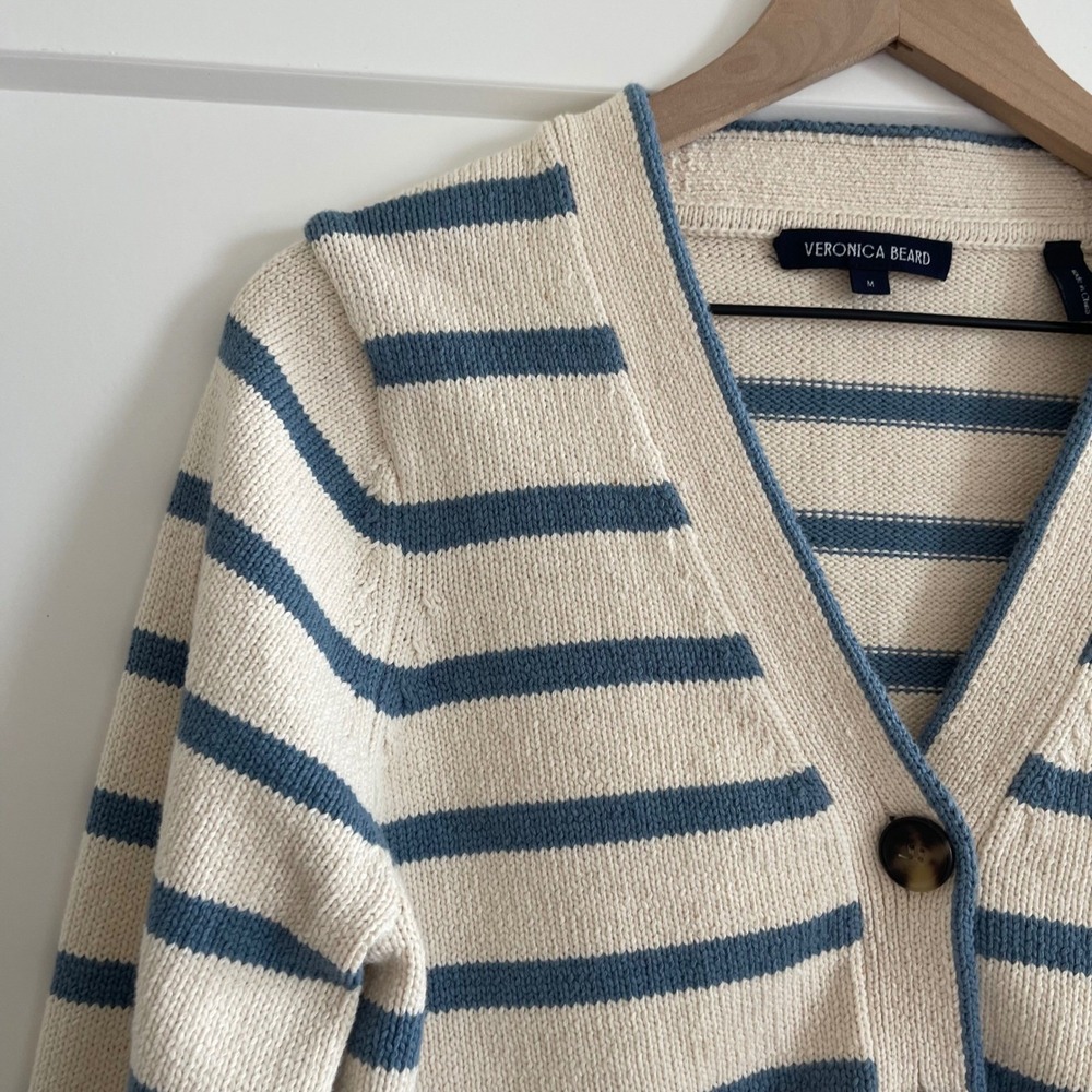 Veronica Beard Noorie Cardigan Sz Medium Ivory Blue Striped Cotton Chic Classic - Picture 8 of 16